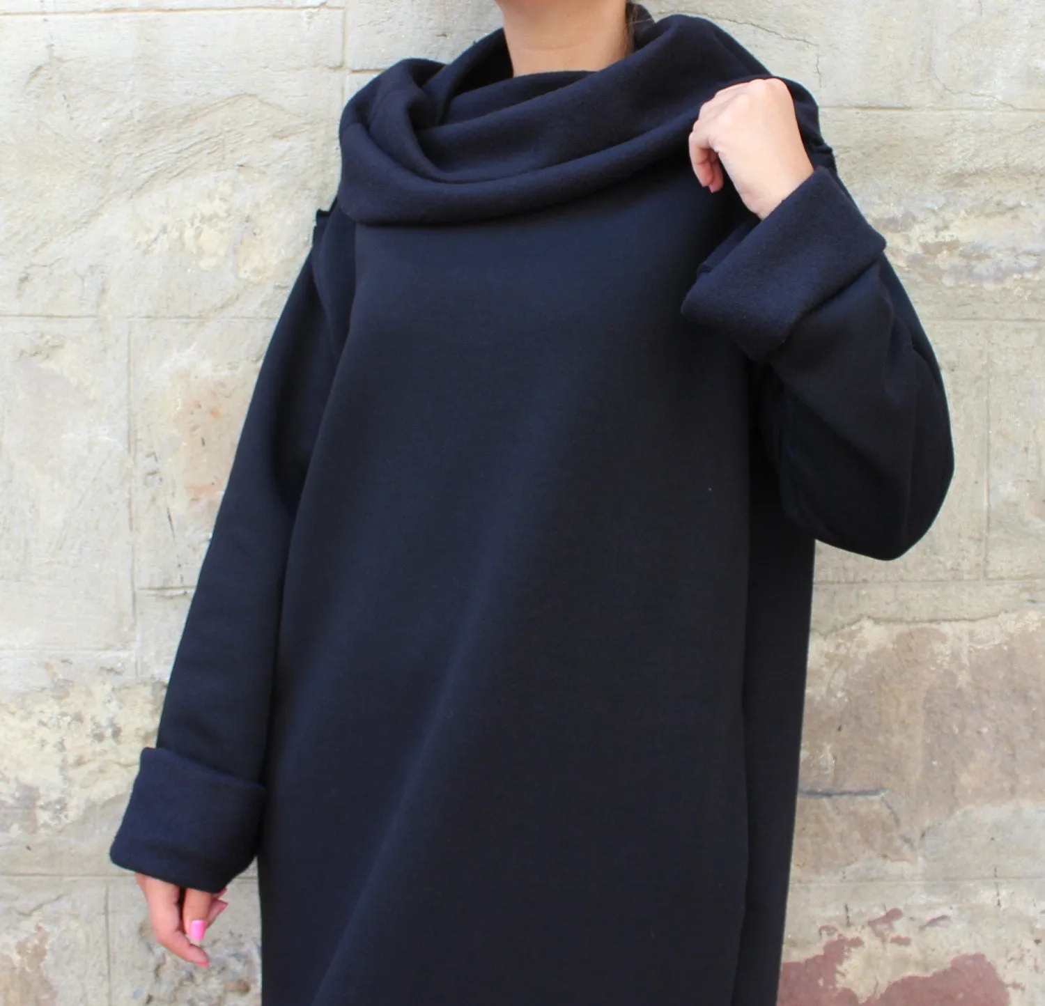 Black Turtleneck Dress, Long Sleeve Dress, Winter Dress, Gothic Tunic Dress, Cowl Neck Dress, Plus Size Clothing, Pocket Dress, Oversize