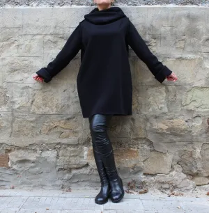 Black Turtleneck Dress, Long Sleeve Dress, Winter Dress, Gothic Tunic Dress, Cowl Neck Dress, Plus Size Clothing, Pocket Dress, Oversize