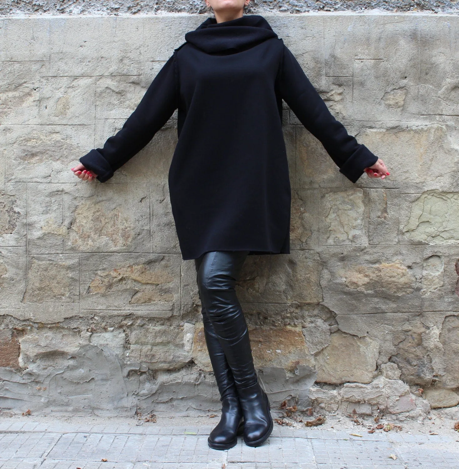 Black Turtleneck Dress, Long Sleeve Dress, Winter Dress, Gothic Tunic Dress, Cowl Neck Dress, Plus Size Clothing, Pocket Dress, Oversize