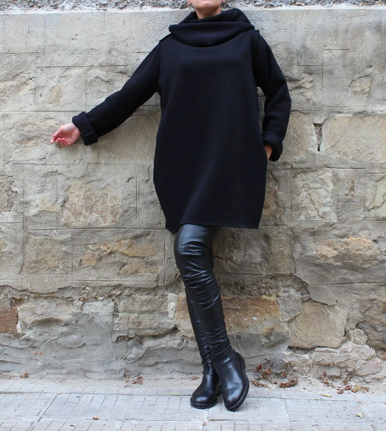 Black Turtleneck Dress, Long Sleeve Dress, Winter Dress, Gothic Tunic Dress, Cowl Neck Dress, Plus Size Clothing, Pocket Dress, Oversize