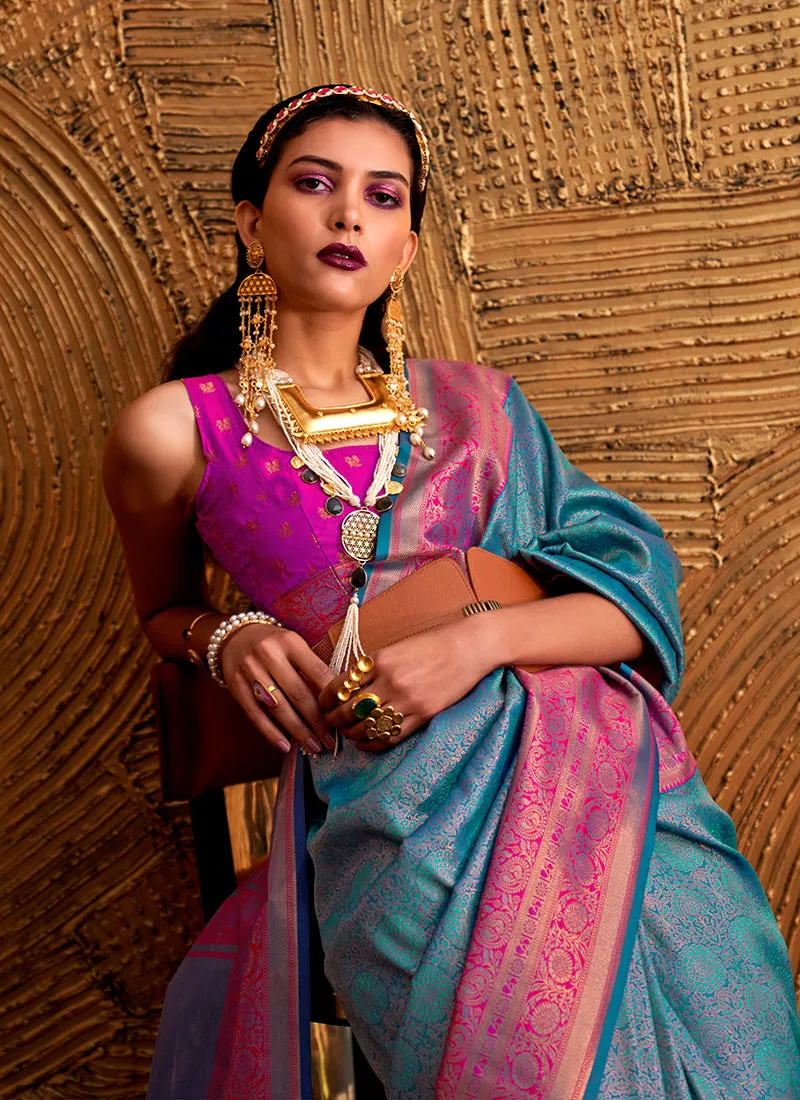 Blue And Purple Zari Weaved Handloom Silk Saree