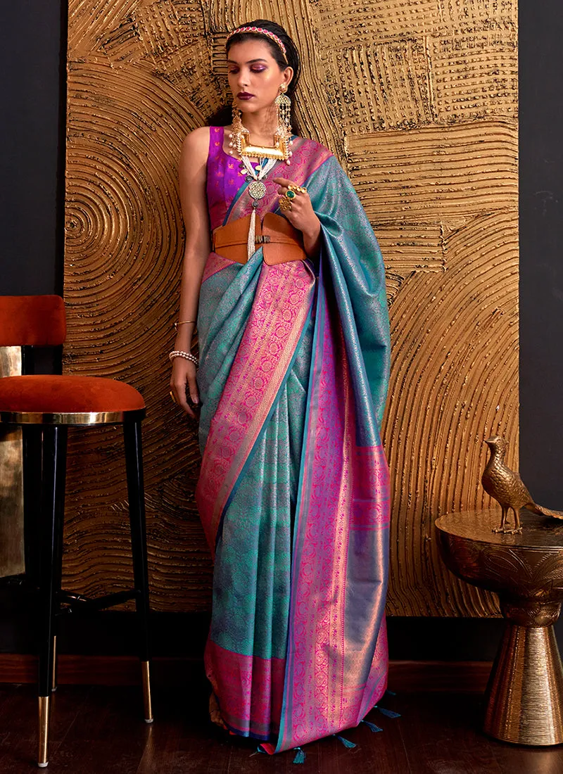 Blue And Purple Zari Weaved Handloom Silk Saree