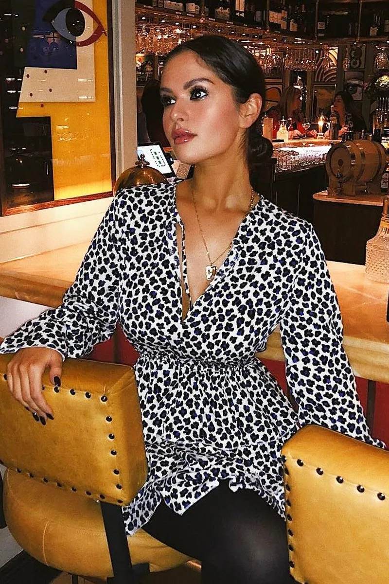 Blue Leopard Print Long Sleeved Ruffle Dress - Clarity