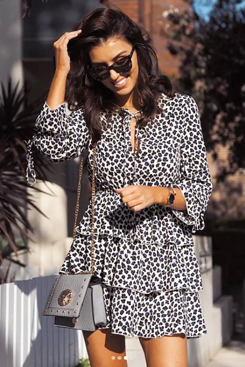 Blue Leopard Print Long Sleeved Ruffle Dress - Clarity