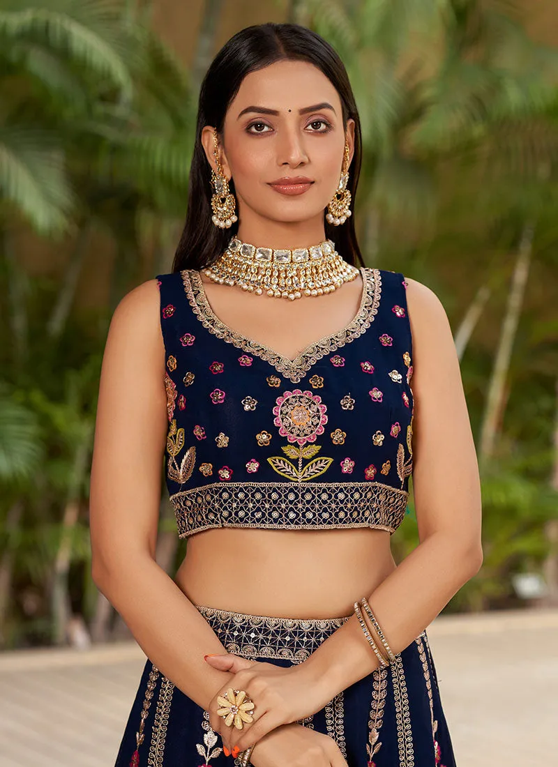 Blue Multi Sequence Embroidery Lehenga Choli And Dupatta