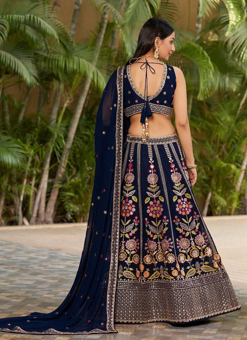 Blue Multi Sequence Embroidery Lehenga Choli And Dupatta