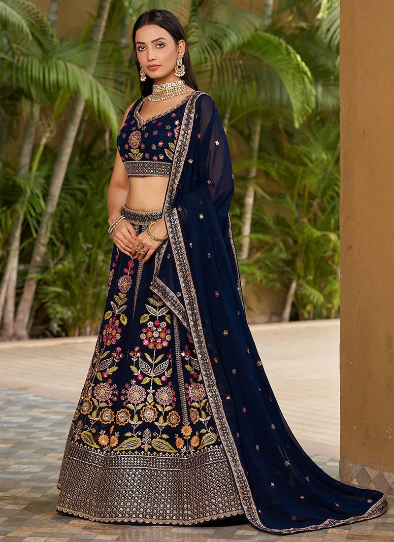 Blue Multi Sequence Embroidery Lehenga Choli And Dupatta