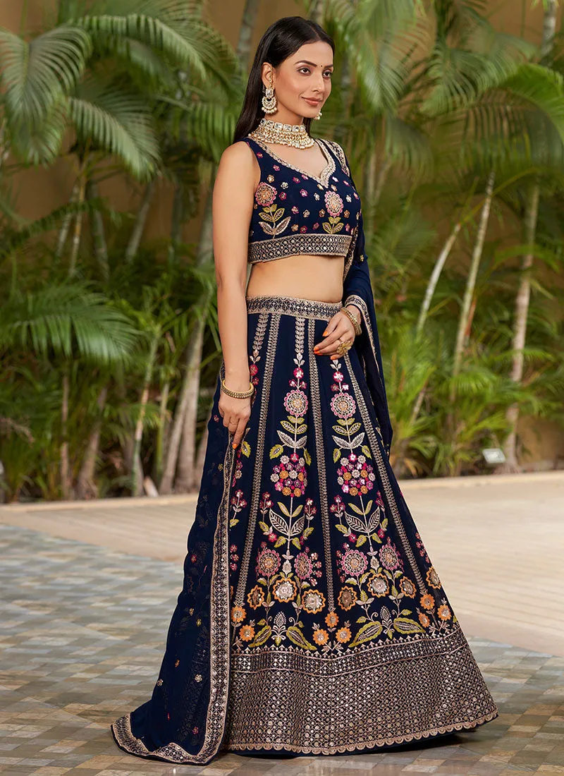 Blue Multi Sequence Embroidery Lehenga Choli And Dupatta