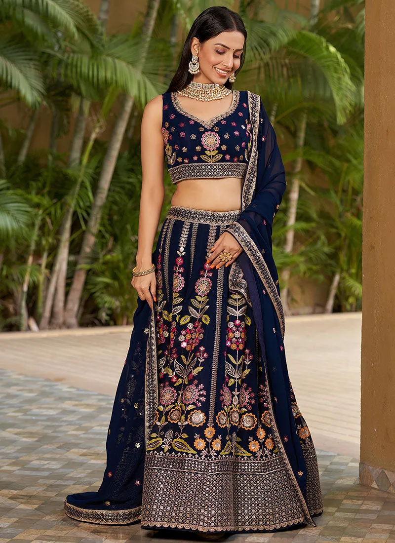 Blue Multi Sequence Embroidery Lehenga Choli And Dupatta