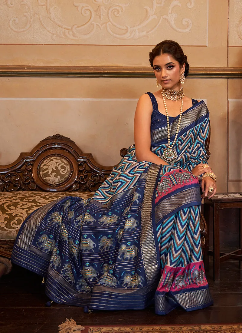 Blue Multicolored Ikat Printed Patola Silk Saree
