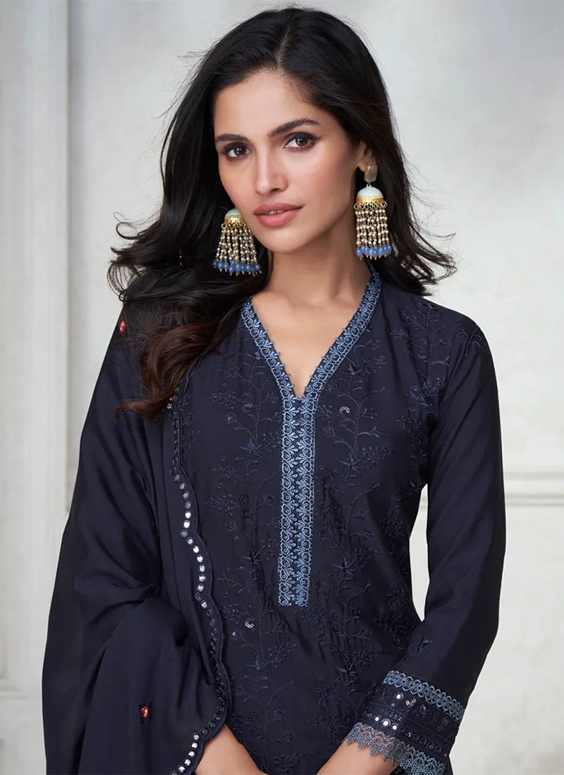 Blue Thread And Sequence Embroidery Palazzo Suit