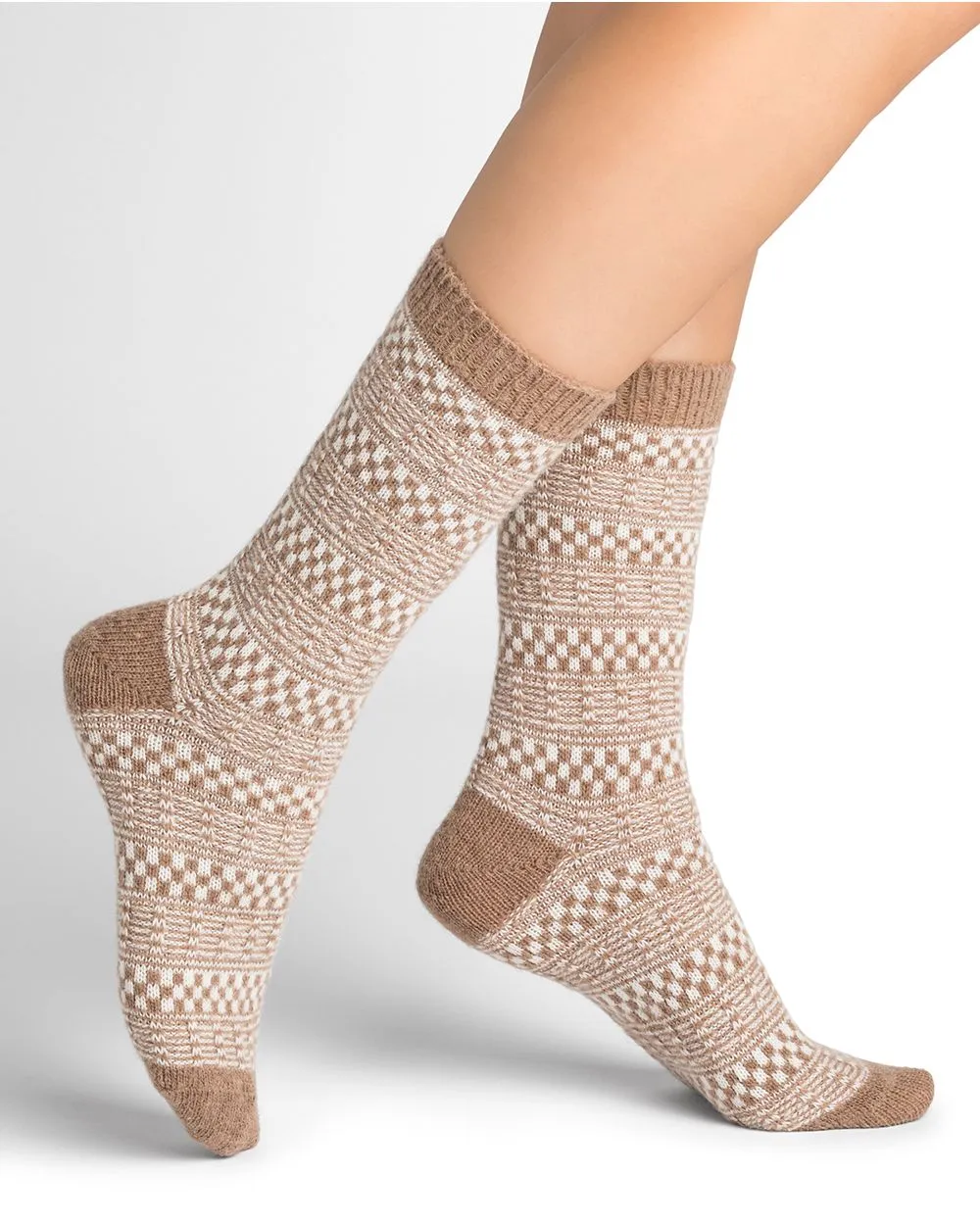 Blueforet 6457 Alpaca Wool Jacquard Socks- Beige/ Medium Grey