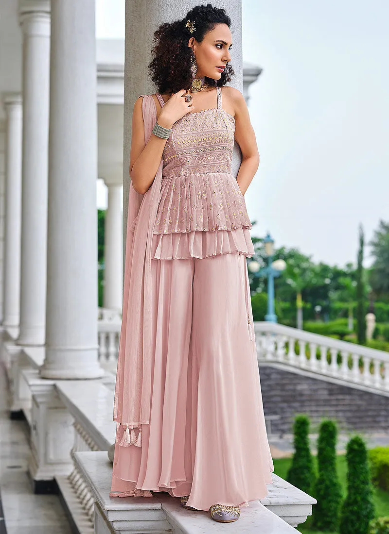 Blush Pink Mirror Work Embellished Georgette Sharara Suit