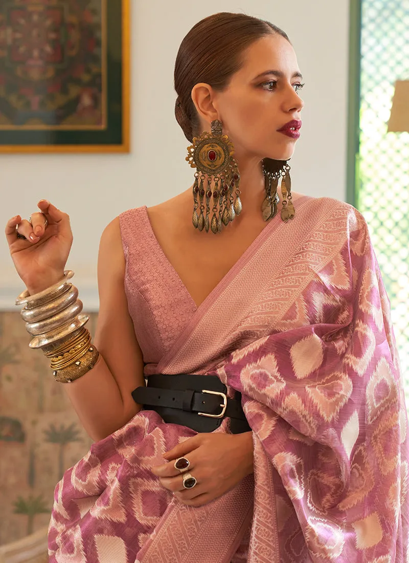 Blush Pink Weaved Printed Handloom Silk Saree