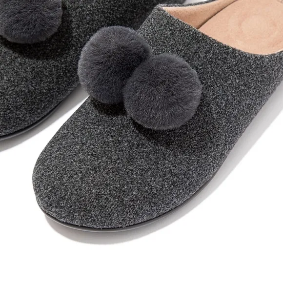 [BNIB] Fitflop Chrissie Pom Pom Felt Slippers Size 6 ⚫️⚫️