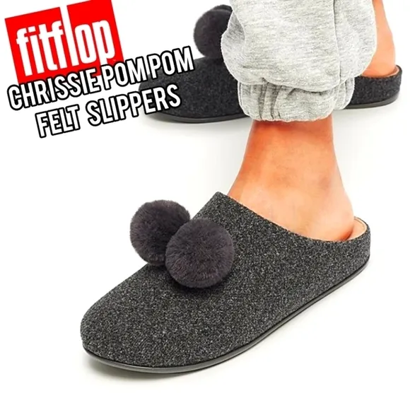 [BNIB] Fitflop Chrissie Pom Pom Felt Slippers Size 6 ⚫️⚫️