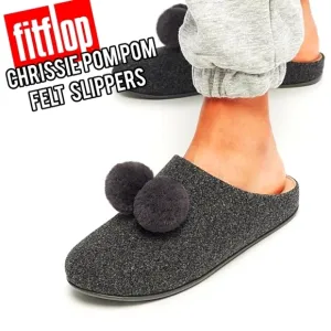 [BNIB] Fitflop Chrissie Pom Pom Felt Slippers Size 6 ⚫️⚫️