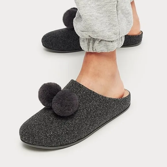 [BNIB] Fitflop Chrissie Pom Pom Felt Slippers Size 6 ⚫️⚫️