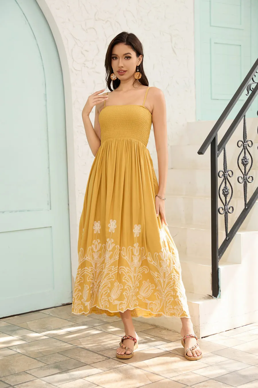 Boho Spaghetti Strap Embroidery Cover up Dress