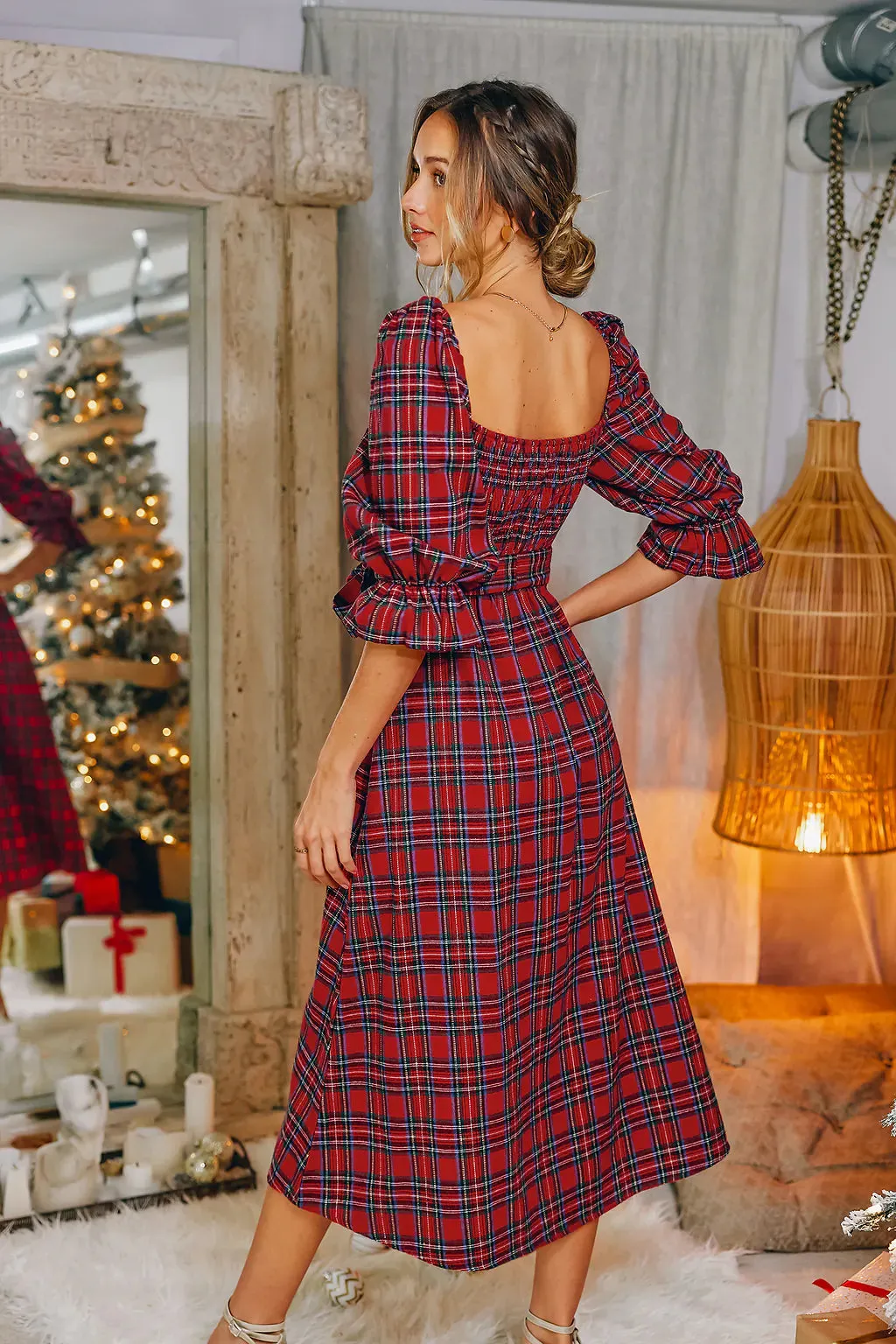 Bordeaux Plaid Maxi Dress for the Holidays