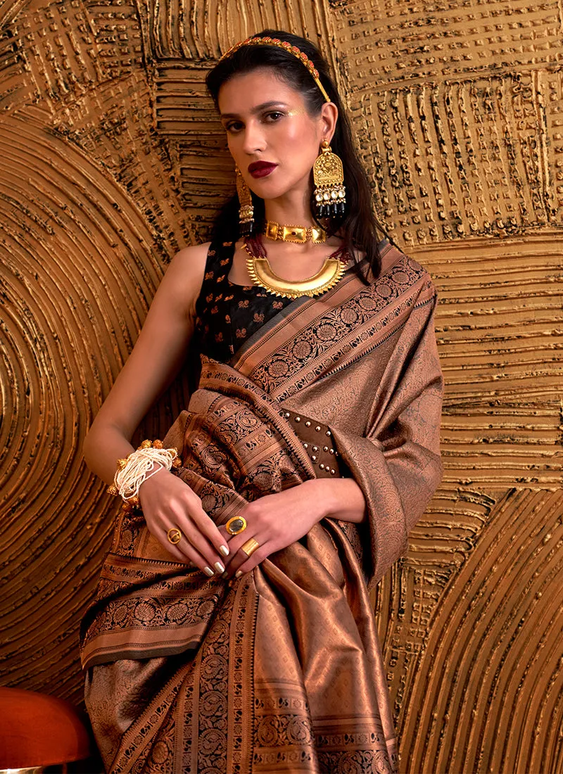 Brown And Black Zari Weaved Handloom Silk Saree