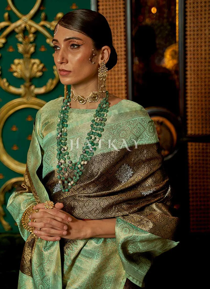 Brown And Green Zari Weaved Handloom Silk Saree