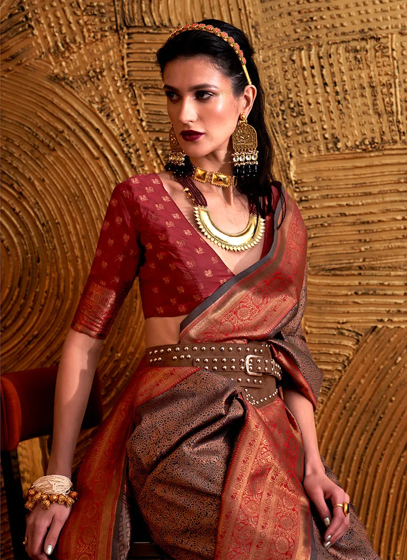 Brown And Red Zari Weaved Handloom Silk Saree