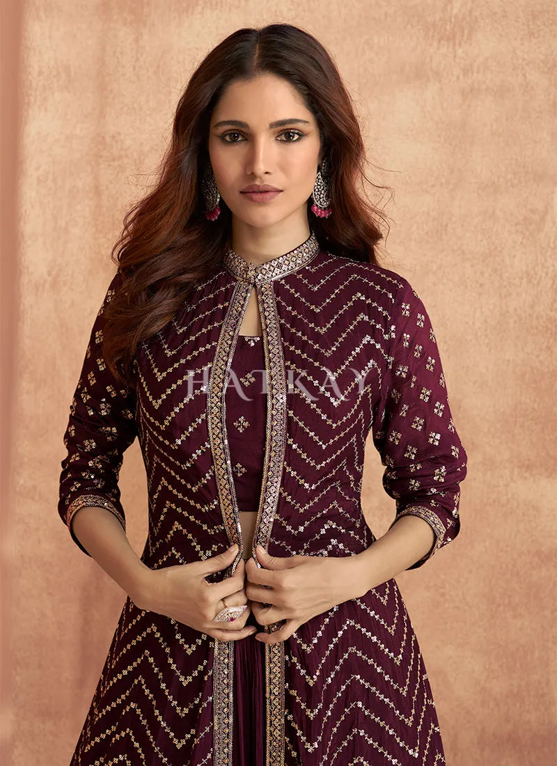 Burgundy Sequence Embroidered Lehenga Choli And Jacket