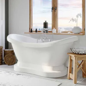 Cambridge Plumbing Acrylic Double Ended Pedestal Slipper Bathtub 68" X 28" with 7" Deck Mount Faucet Drillings and Complete Brushed Nickel Plumbing Package