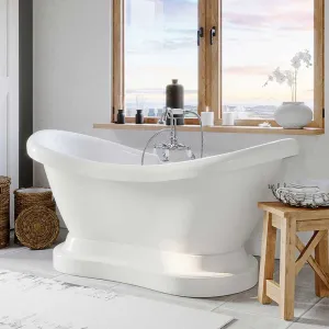 Cambridge Plumbing Acrylic Double Ended Pedestal Slipper Bathtub 68" X 28" with 7" Deck Mount Faucet Drillings and Complete Chrome Plumbing Package