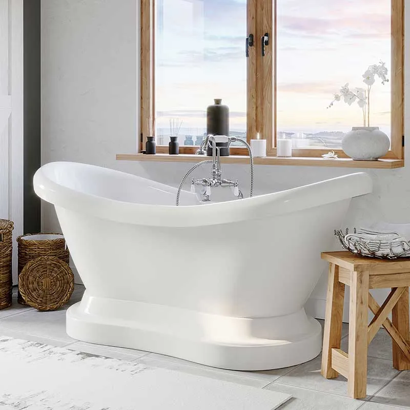 Cambridge Plumbing Acrylic Double Ended Pedestal Slipper Bathtub 68" X 28" with 7" Deck Mount Faucet Drillings and Complete Chrome Plumbing Package