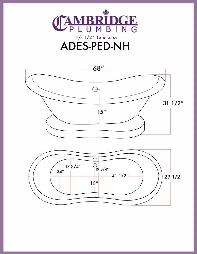 Cambridge Plumbing Acrylic Double Ended Pedestal Slipper Bathtub 68" X 28" with No Faucet Drillings and Complete Chrome Plumbing Package