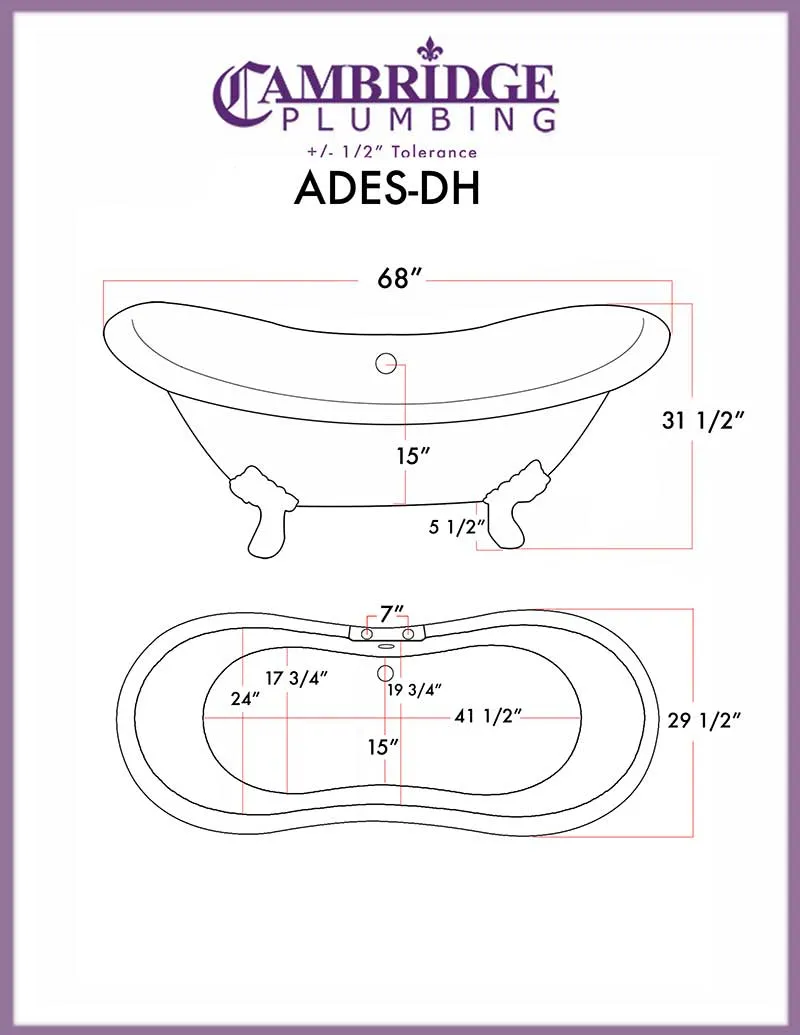 Cambridge Plumbing Acrylic Double Ended Slipper Bathtub 68" X 28" with 7" Deck Mount Faucet Drillings and Complete Polished Chrome Plumbing Package