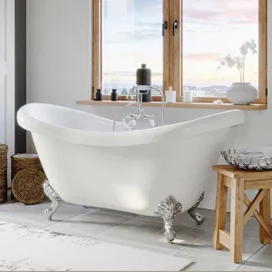 Cambridge Plumbing Acrylic Double Ended Slipper Bathtub 68" X 28" with 7" Deck Mount Faucet Drillings and Complete Polished Chrome Plumbing Package