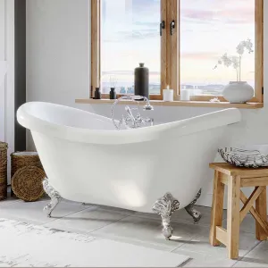 Cambridge Plumbing Acrylic Double Ended Slipper Bathtub 68" X 28" with 7" Deck Mount Faucet Drillings and Complete Polished Chrome Plumbing Package