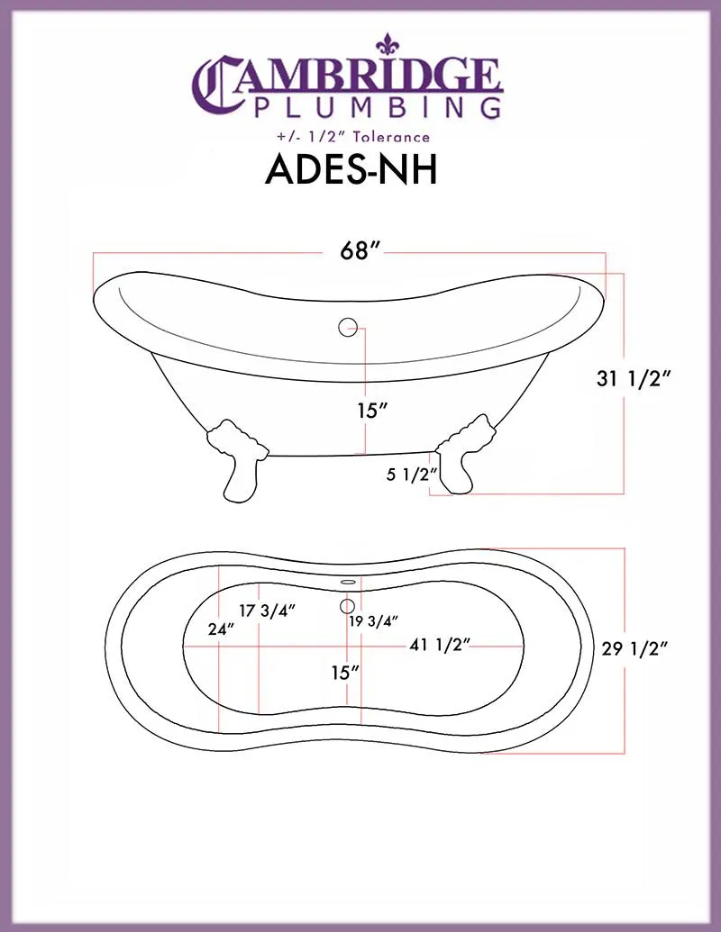 Cambridge Plumbing Acrylic Double Ended Slipper Bathtub 68" X 28" with no Faucet Drillings and Complete Polished Chrome Plumbing Package