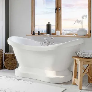 Cambridge Plumbing Acrylic Double ended Slipper Tub with a Pedestal, W/ holes 2" deck risers, Classic Telephone style faucet, and Complete Brushed Nickel Plumbing package.