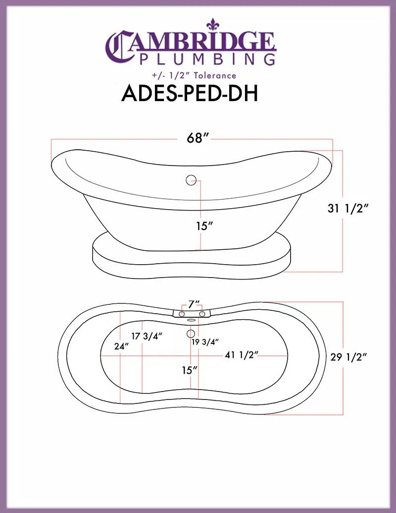 Cambridge Plumbing Acrylic Double ended Slipper Tub with a Pedestal, W/ holes 6" deck risers, Classic Telephone style faucet, and Complete Chrome Plumbing package.