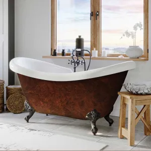 Cambridge Plumbing Acrylic Double Slipper Clawfoot Bathtub 70"x30" Faux Copper Bronze Finish on Exterior with 7" Deck Mount Faucet Drillings and Oil Rubbed Bronze Feet