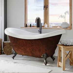 Cambridge Plumbing Acrylic Double Slipper Clawfoot Bathtub 70"x30" Faux Copper Bronze Finish on Exterior with No Faucet Drillings and Oil Rubbed Bronze Feet