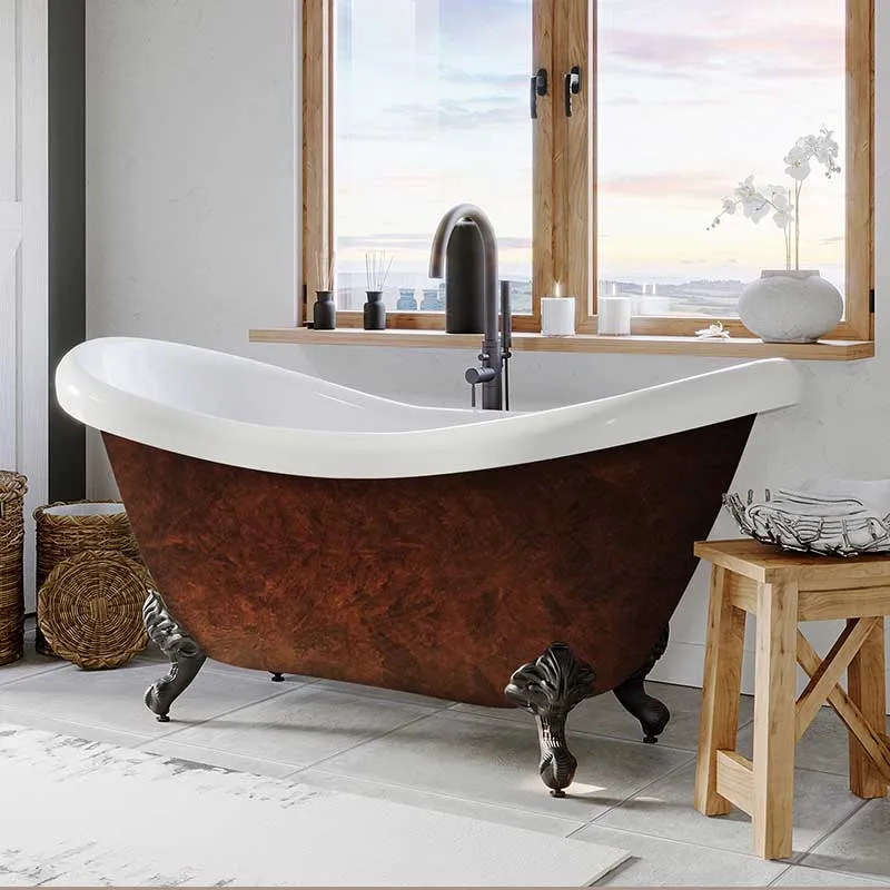 Cambridge Plumbing Acrylic Double Slipper Clawfoot Bathtub 70"x30" Faux Copper Bronze Finish on Exterior with No Faucet Drillings and Oil Rubbed Bronze Feet