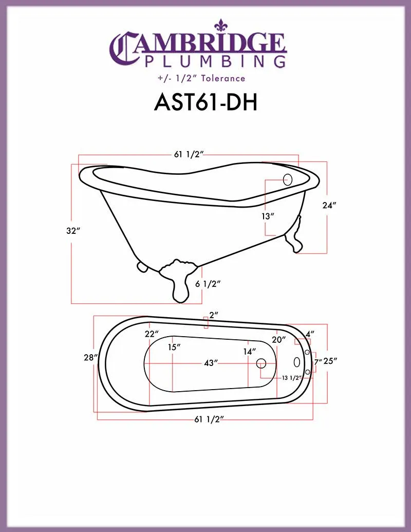 Cambridge Plumbing Acrylic Slipper Bathtub 61" X 28" with 7" Deck Mount Faucet Drillings and Polished Chrome Feet