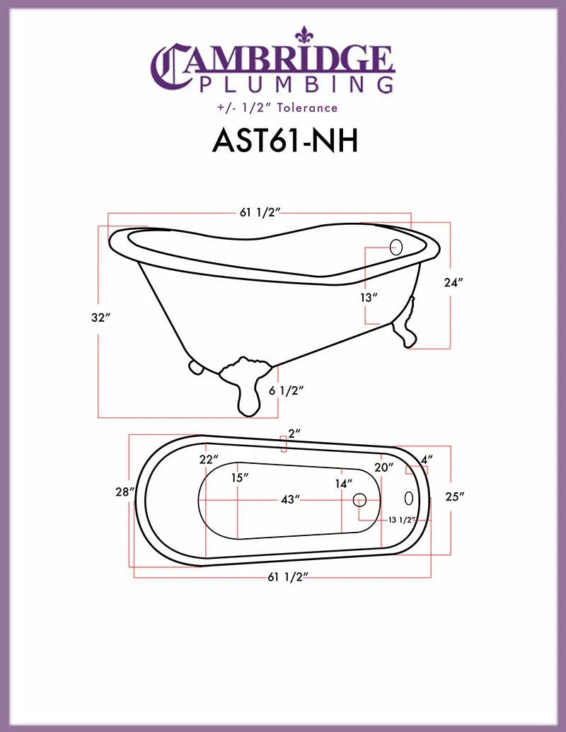 Cambridge Plumbing Acrylic Slipper Bathtub 61" X 28" with No Faucet Drillings and Complete Polished Chrome Plumbing Package