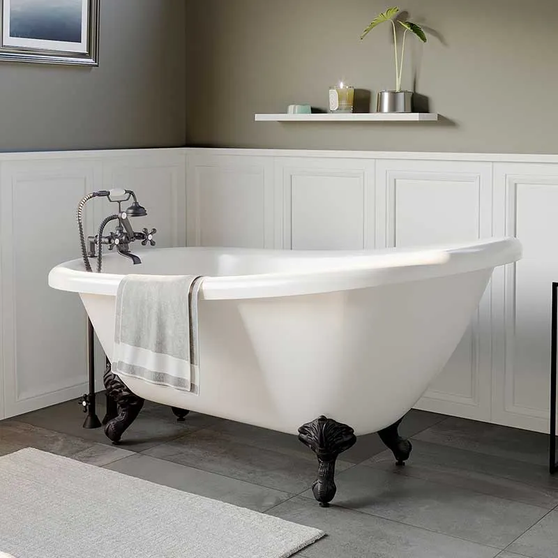Cambridge Plumbing Acrylic Slipper Bathtub 67" X 28" with 7" Deck Mount Faucet Drillings and British Telephone Style Faucet Complete Oil Rubbed Bronze Plumbing Package