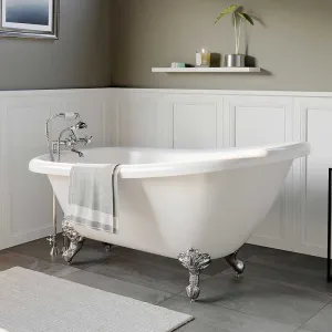 Cambridge Plumbing Acrylic Slipper Bathtub 67" X 28" with 7" Deck Mount Faucet Drillings and British Telephone Style Faucet Complete Polished Chrome Plumbing Package