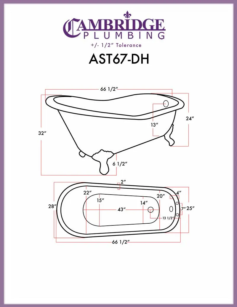 Cambridge Plumbing Acrylic Slipper Bathtub 67" X 28" with 7" Deck Mount Faucet Drillings and British Telephone Style Faucet Complete Polished Chrome Plumbing Package