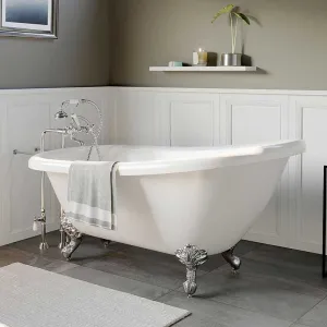 Cambridge Plumbing Acrylic Slipper Bathtub 67" X 28" with no Faucet Drillings and Complete Polished Chrome Plumbing Package