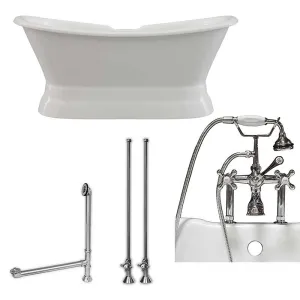 Cambridge Plumbing Cast Iron Double Ended Slipper Tub 71" X 30" with 7" Deck Mount Faucet Drillings and British Telephone Style Faucet Complete Polished Chrome Plumbing Package With Six Inch Deck Mount Risers