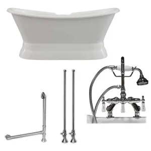 Cambridge Plumbing Cast Iron Double Ended Slipper Tub 71" X 30" with 7" Deck Mount Faucet Drillings and English Telephone Style Faucet Complete Polished Chrome Plumbing Package