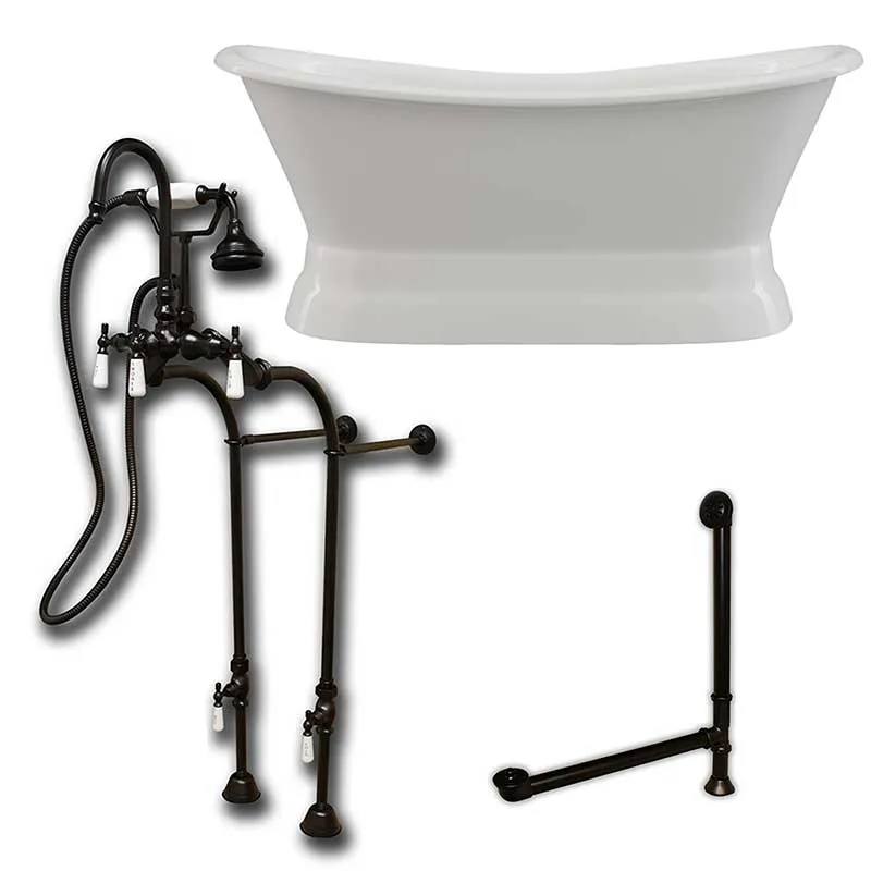 Cambridge Plumbing Cast Iron Double Ended Slipper Tub 71" X 30" with no Faucet Drillings and Complete Oil Rubbed Bronze Free Standing English Telephone Style Faucet with Hand Held Shower Assembly Plumbing Package